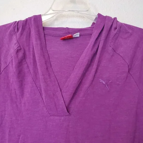 Puma Hoodie Lightweight Womens Medium Raglan Sleeves Pullover V Neck Dark Pink - Picture 11 of 15